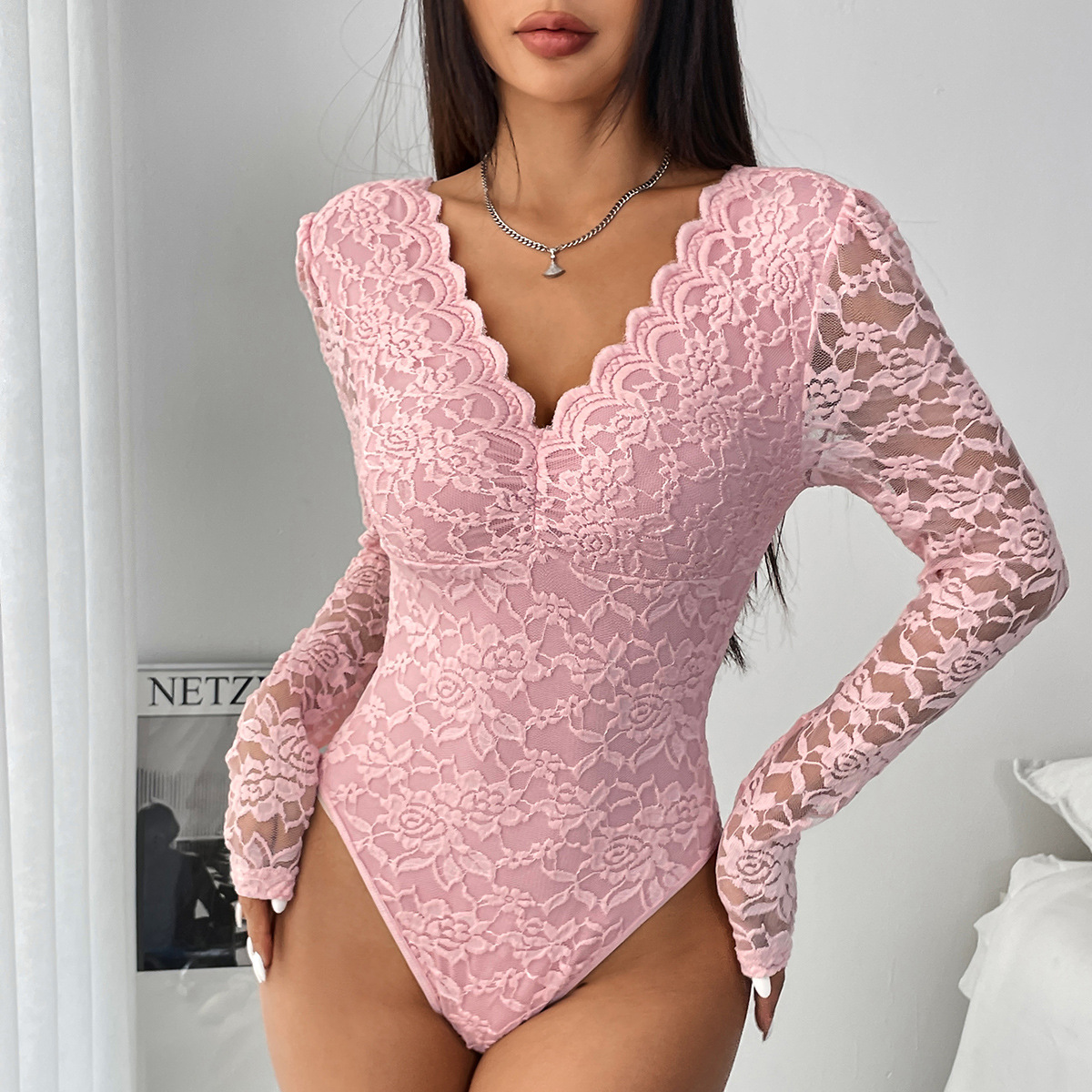 Long-Sleeve Lace Bodysuit front view
