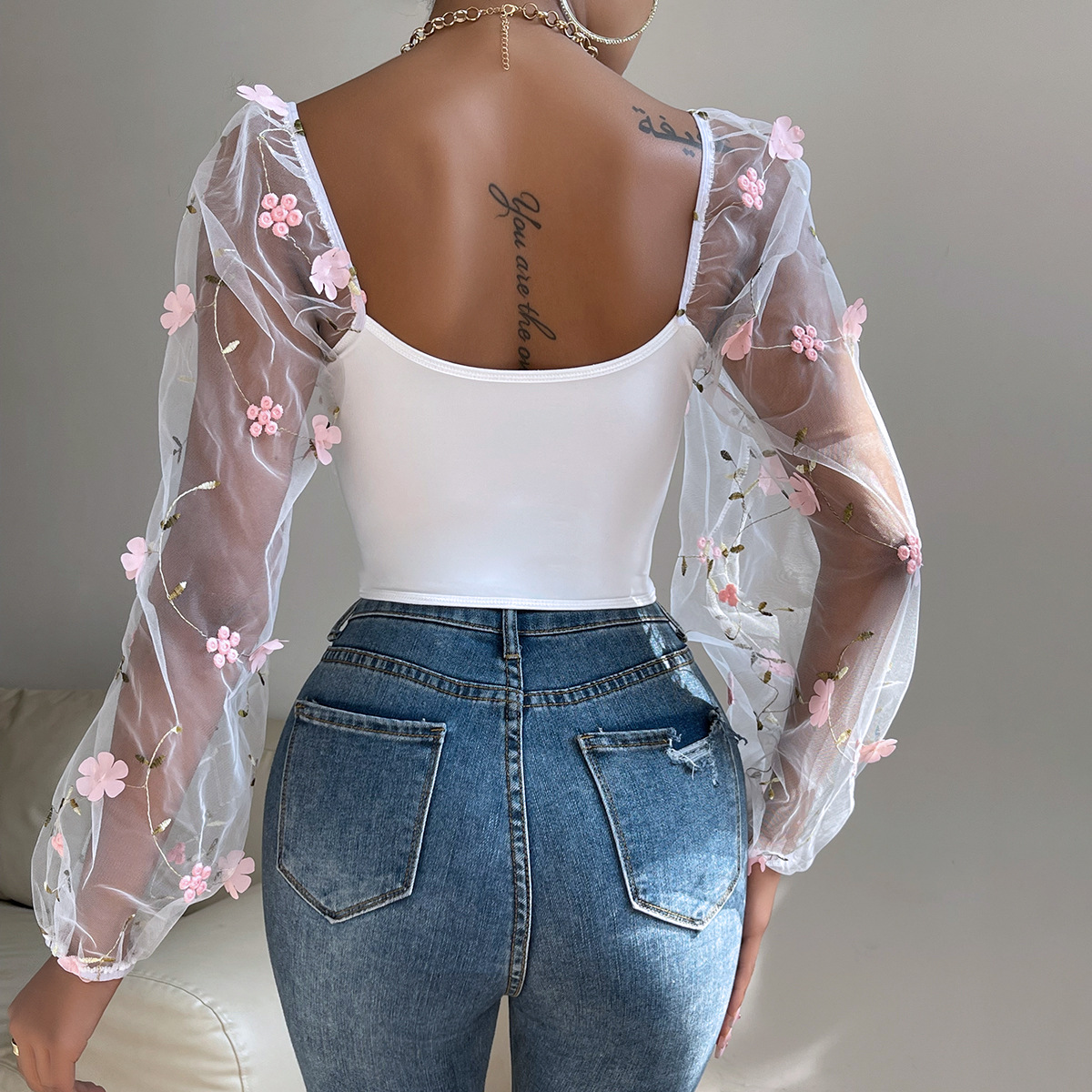 Floral Mesh Long-Sleeve Corset back view