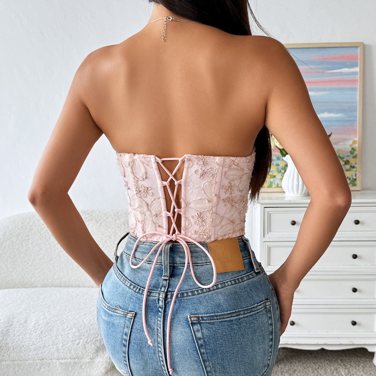 Jacquard Eyelash Lace Bustier back view
